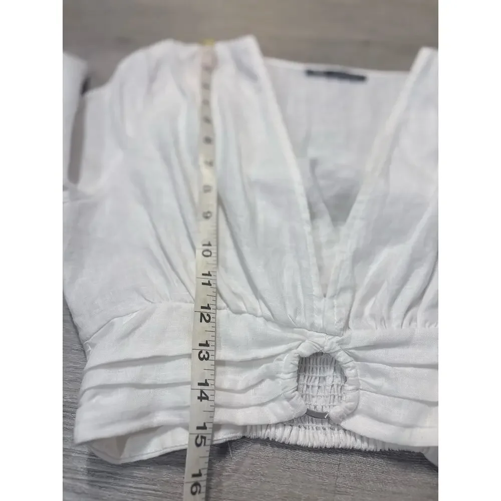 Zara 100% White‎ Linen O Ring Cropped Top M Deep V-neck Resort Puff Sleeve Boho